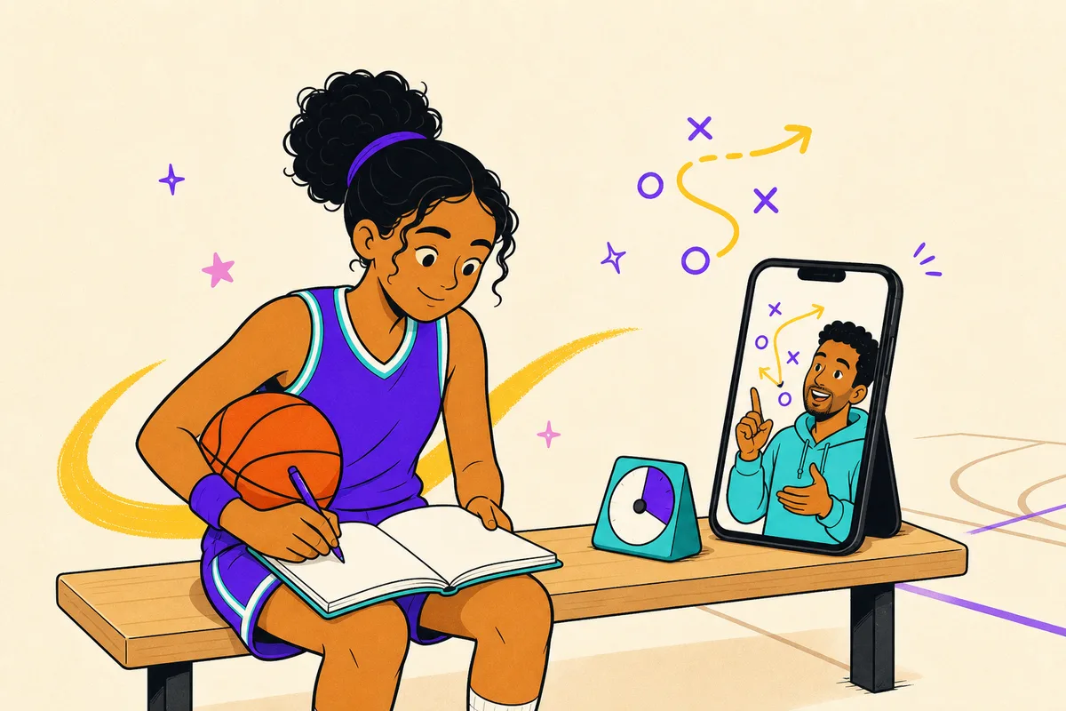 Illustration of a student-athlete in a team jacket doing homework at a desk with a duffel bag beside it, coach on the phone giving a thumbs up