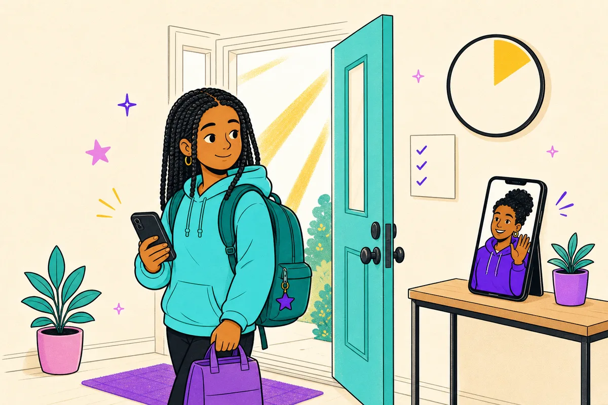 Illustration of a teen at the front door on the first morning of school, packed and ready, coach waving from a phone in the hallway