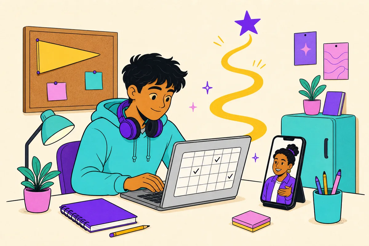 Illustration of a college student planning the week in a dorm room, syllabus mapped on a wall calendar, coach on the phone screen
