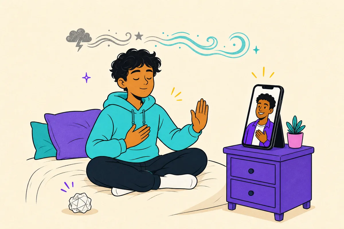 Illustration of a teen practicing a calm reset breath as a stormy doodle passes into smooth water, coach nodding from a phone