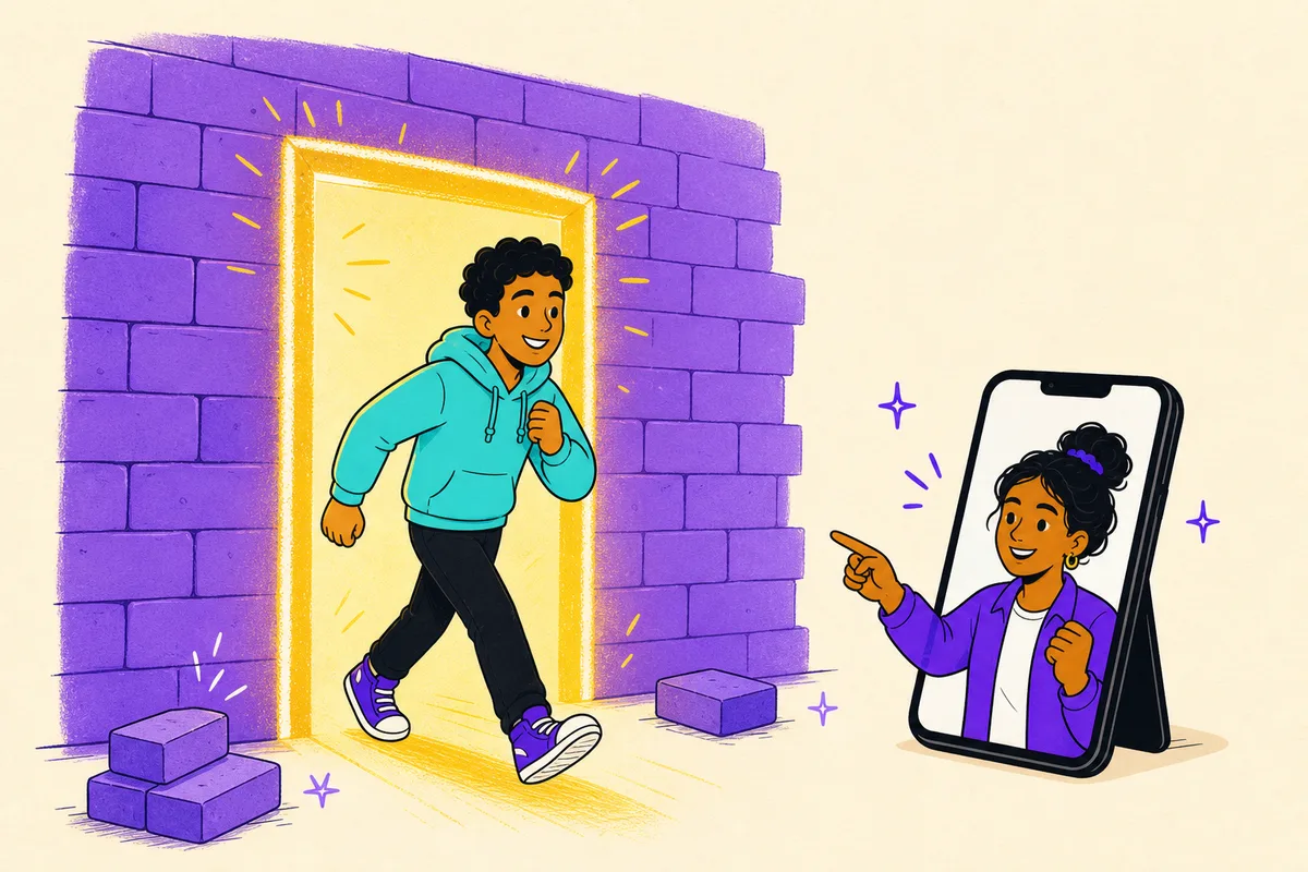 Illustration of a teen stepping through a bright doorway drawn in a brick wall while a coach cheers from a phone