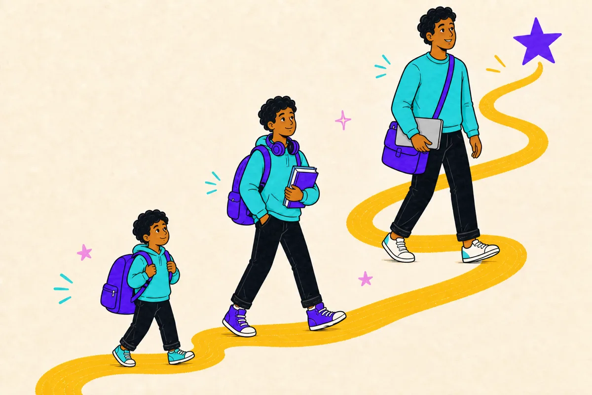 Illustration of three students of increasing age climbing one yellow path toward a star