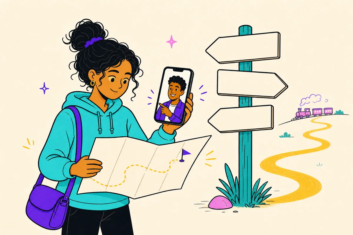Illustration of a young adult at a signpost holding a mapped route with her coach on the phone pointing at the plan together