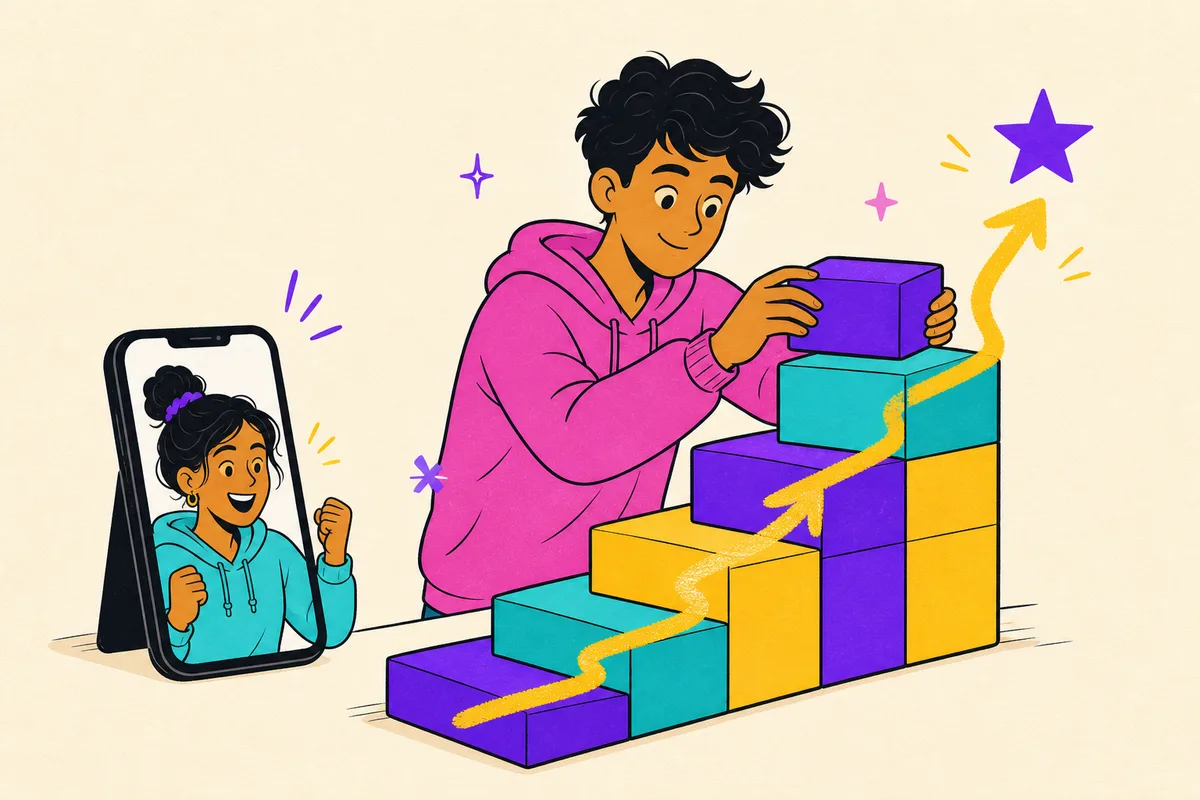 Illustration of a teen stacking habit blocks into a staircase that carries a rising grade line, coach cheering from a phone