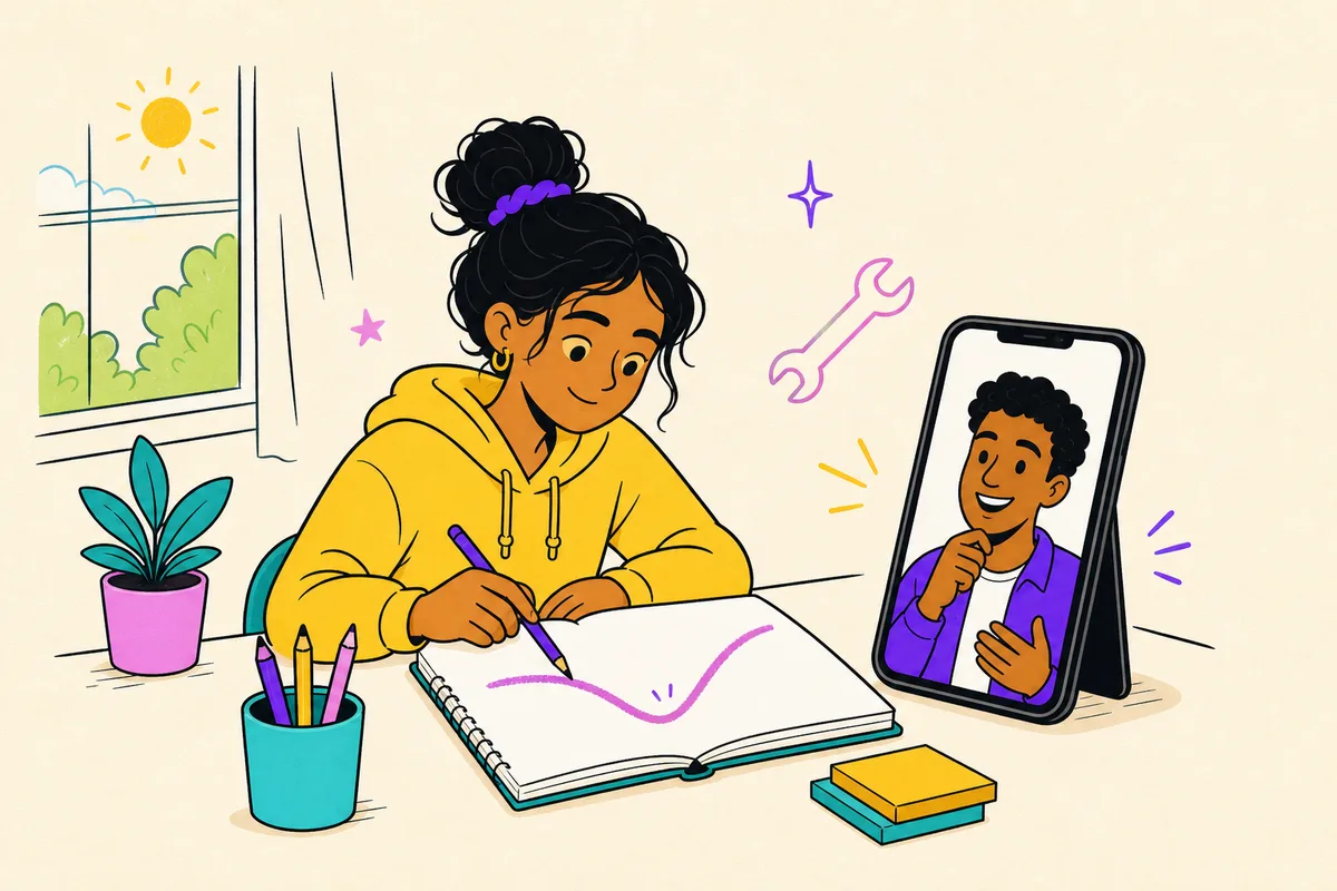 Illustration of a teen and her coach studying a dipping-then-recovering trend line together, caught early