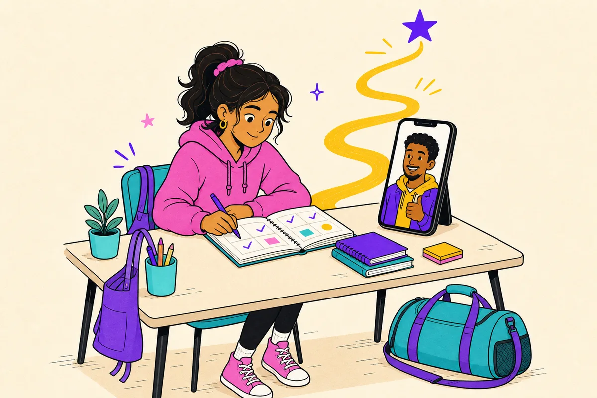 Illustration of a high school student reviewing a weekly plan at a desk with textbooks and a letter jacket nearby, coach on the phone screen