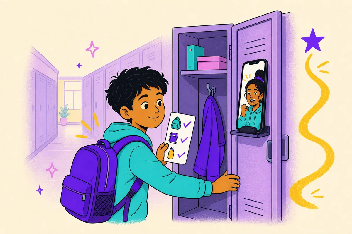 Illustration of a young middle schooler confidently packing a tidy backpack beside an open planner, coach cheering from a phone