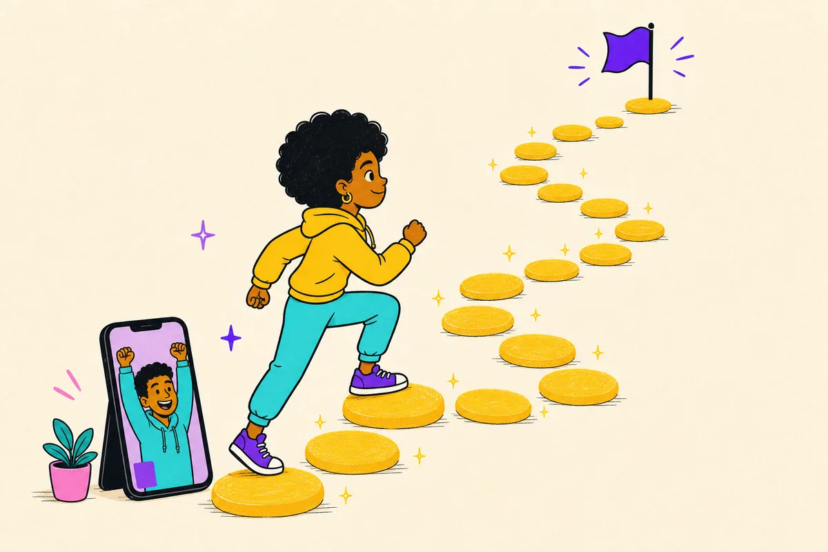 Illustration of a teen climbing a looping path of small glowing steps toward a flag while a coach cheers from a phone