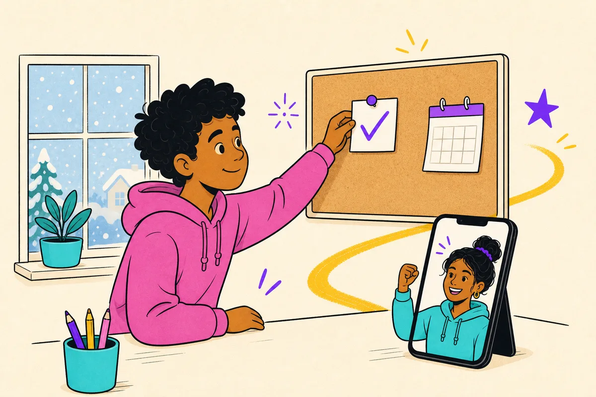 Illustration of a teen pinning a single goal card to a corkboard in January light, coach celebrating from a phone