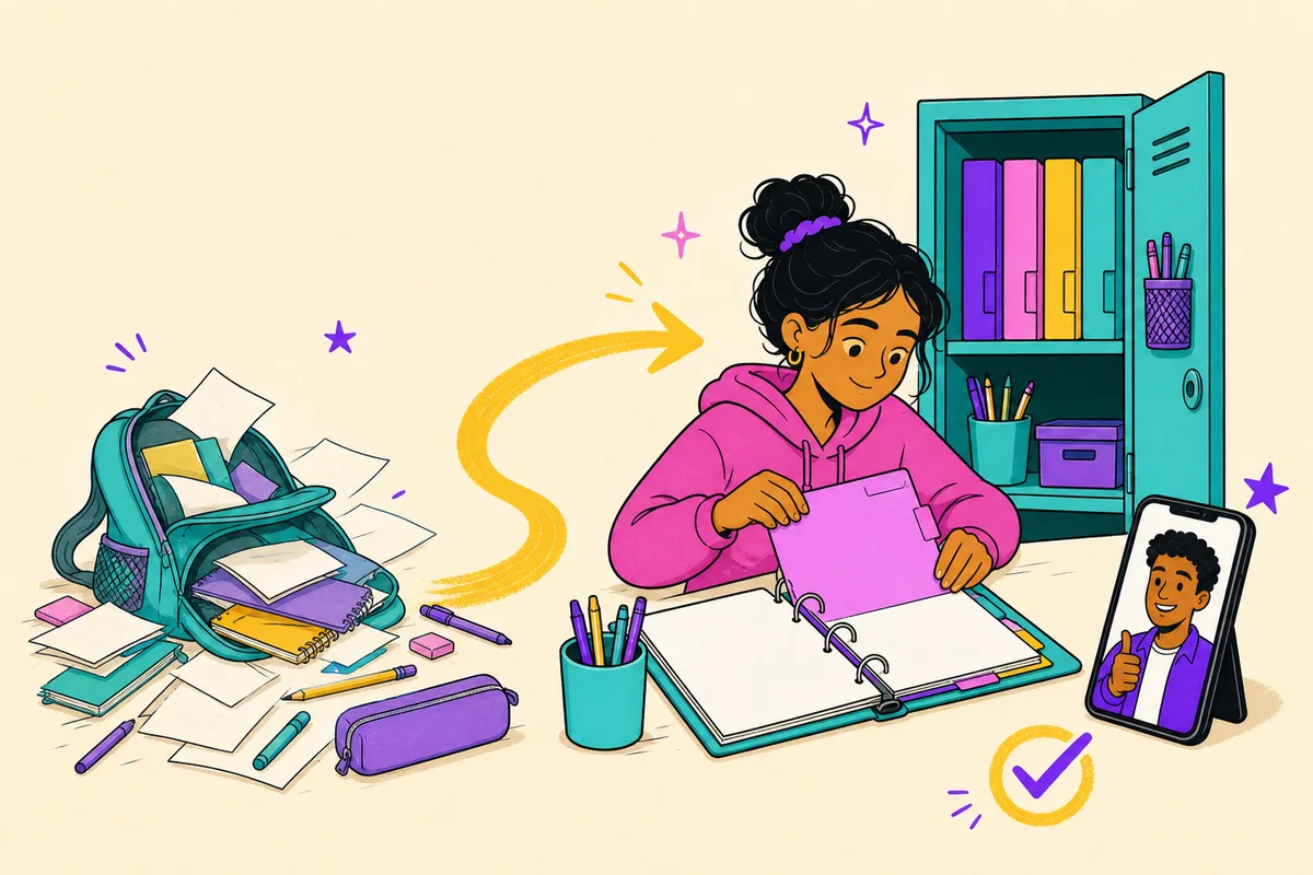 Illustration of a backpack's chaos turning into a tidy binder system as a teen clips in the last folder, coach approving from a phone