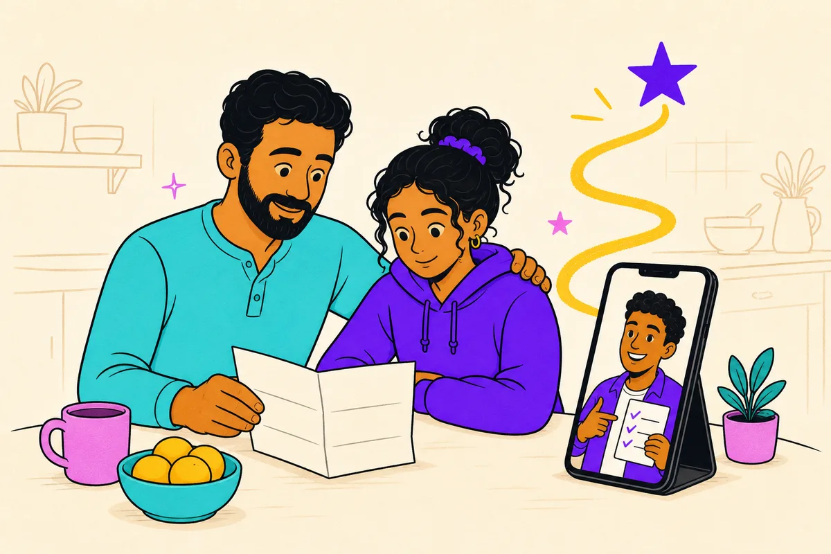 Illustration of a parent and teen calmly reading a report card together at the kitchen table while the coach suggests a plan from a phone