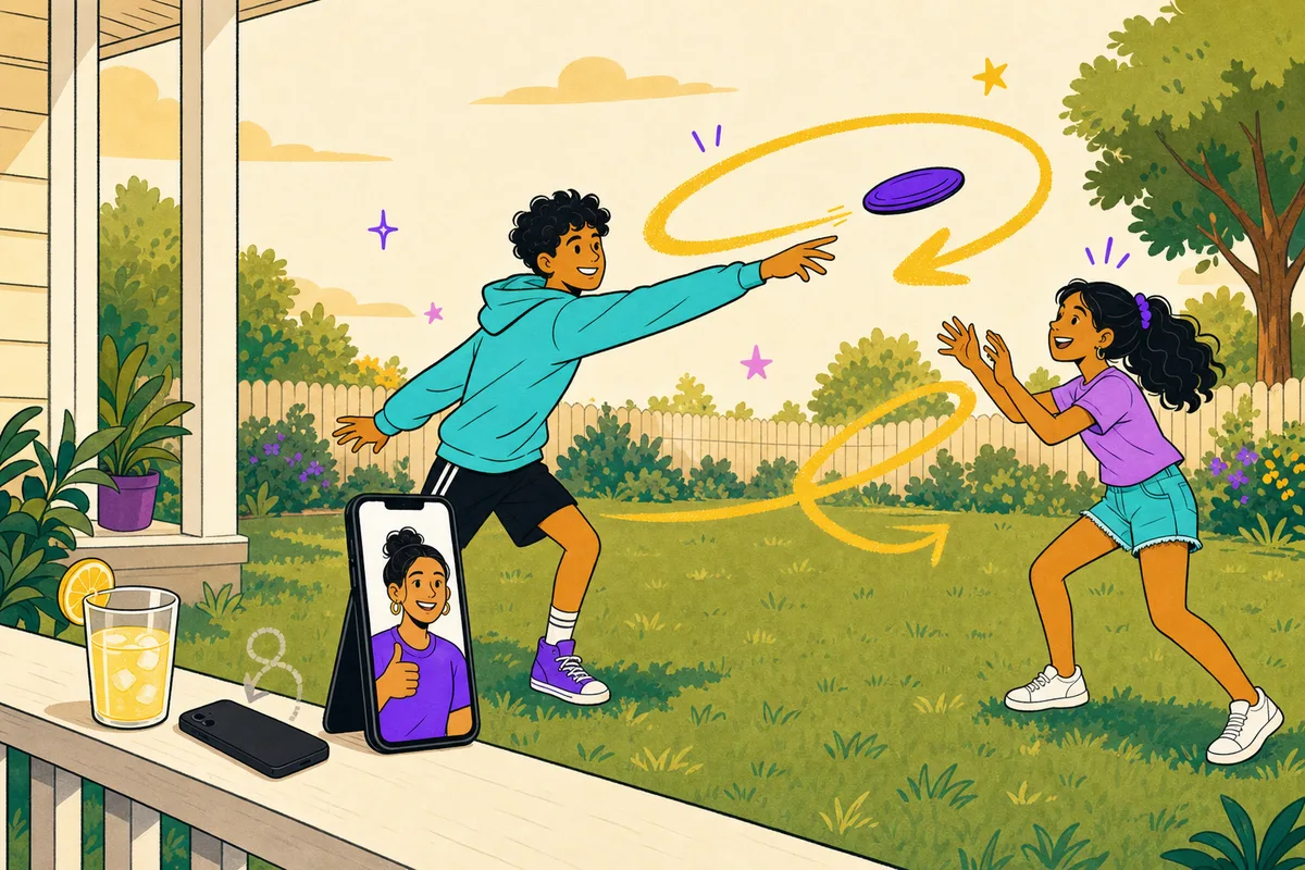 Illustration of a teen playing frisbee in golden-hour light, phone face-down on the porch rail, coach approving from a phone