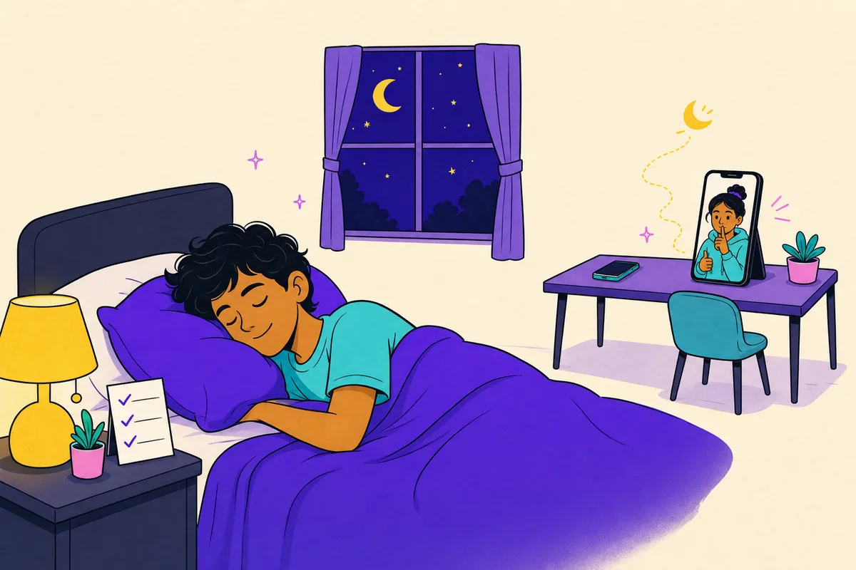 Illustration of a teen asleep on time, phone charging far from the bed, coach giving a quiet thumbs-up from a phone on the desk