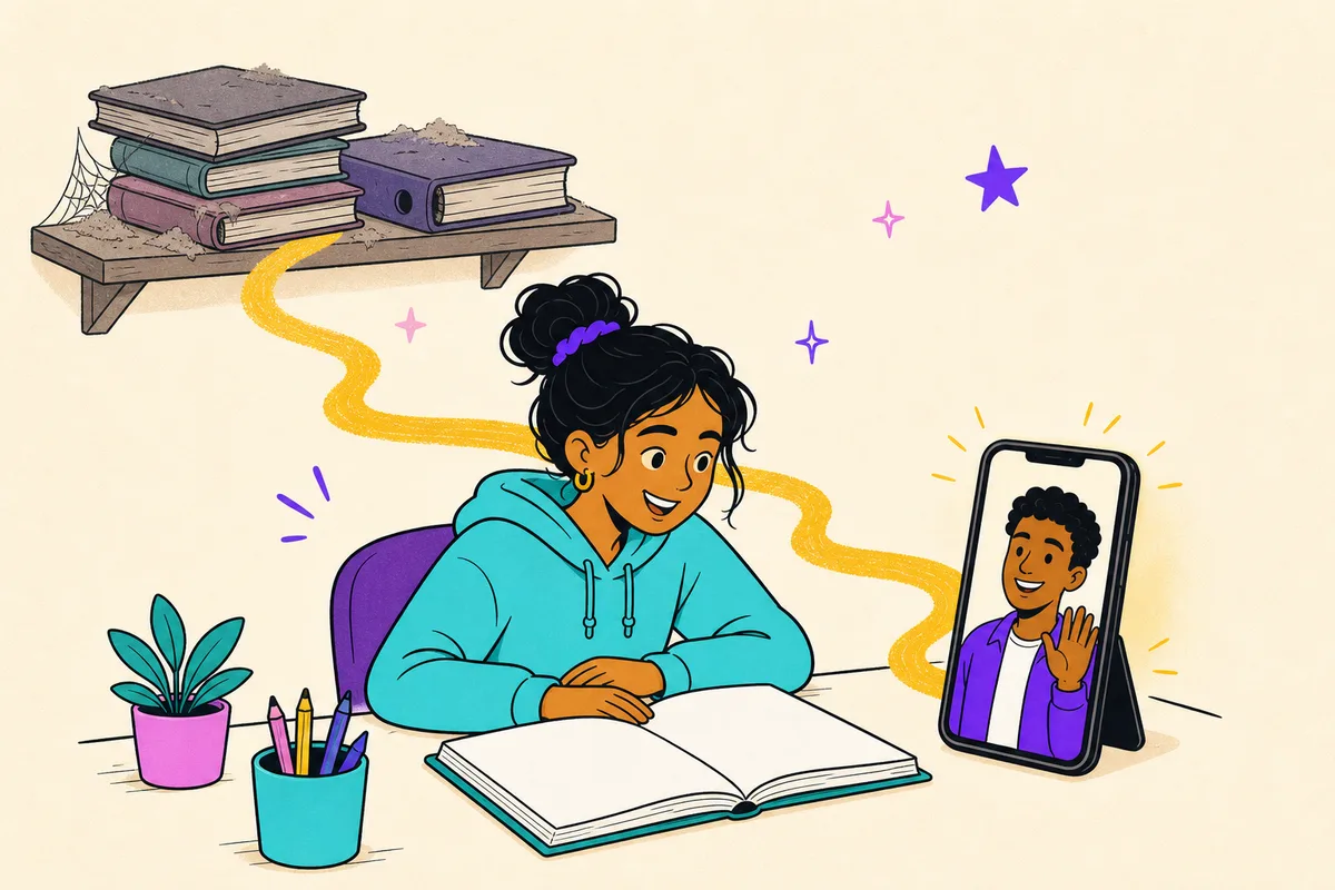 Illustration of dusty abandoned planners on a shelf while a student smiles at a live chat with her coach on a phone