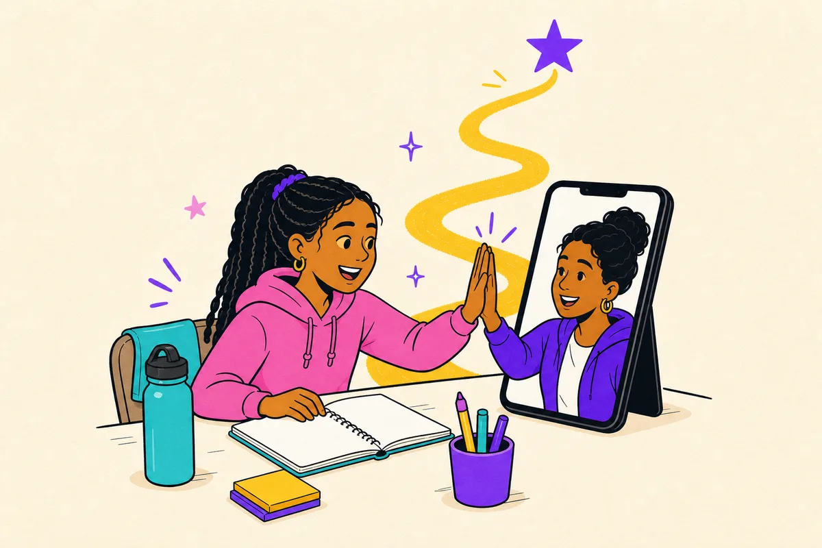 Illustration of a coach leaning out of a phone to high-five a student at her desk, a winner's path rising behind them