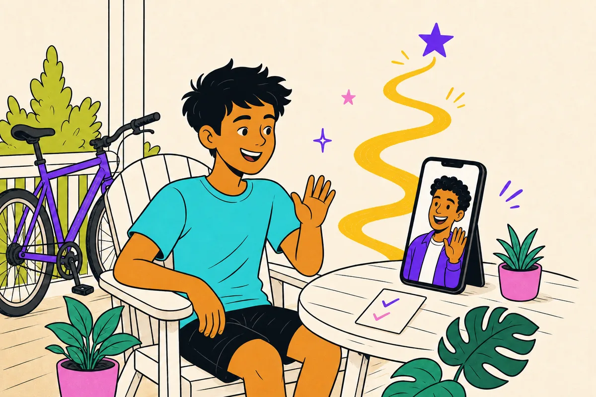 Illustration of a teen on a sunny porch laughing through a video check-in with his coach, bike and checklist nearby