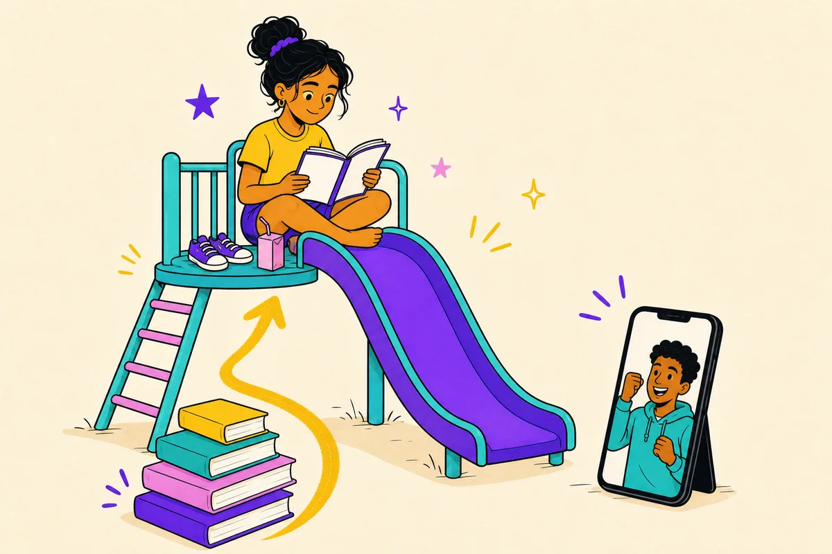 Illustration of a teen reading happily at the top of a playground slide with book-steps leading back up, coach cheering from a phone