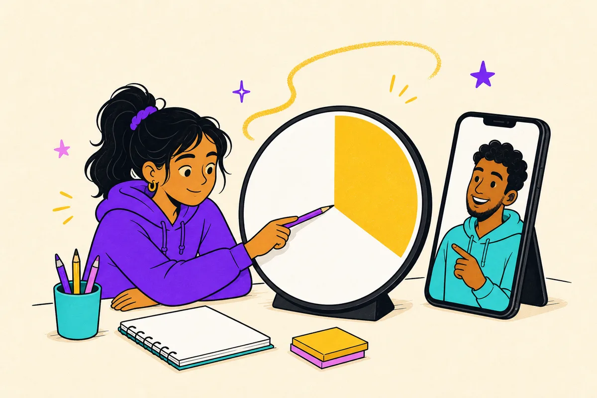 Illustration of a teen and her coach looking at a giant friendly visual timer with a bold yellow wedge