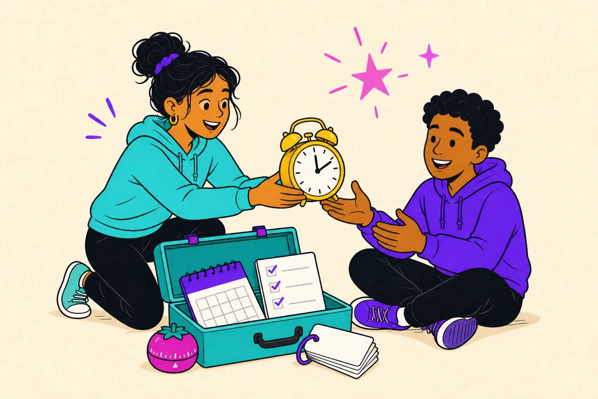 Illustration of a coach handing a teen tools from a toolbox: a clock, calendar, checklist and flashcards