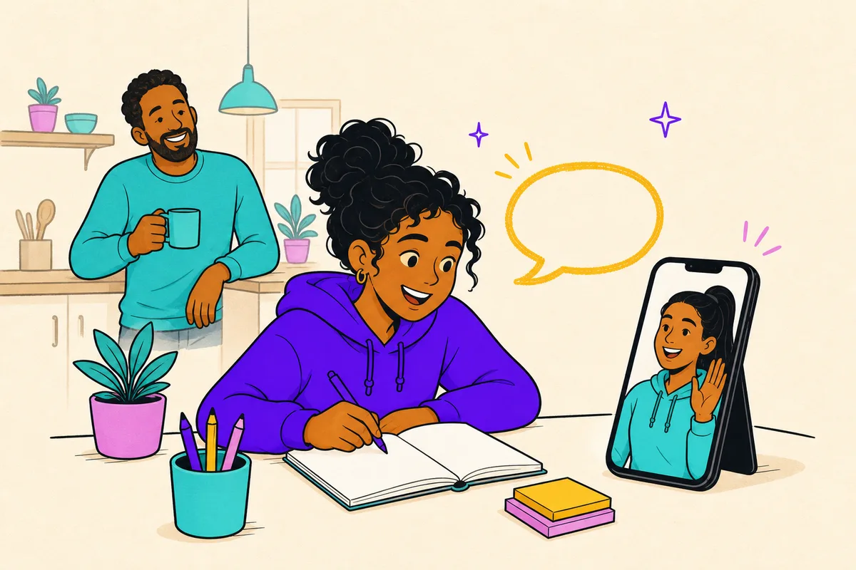 Illustration of a teen happily chatting with her coach on a phone at the kitchen table while a relieved parent looks on with a mug