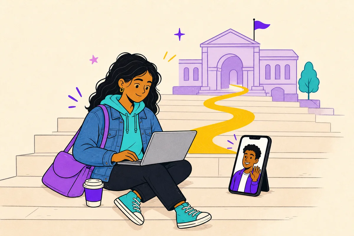 Illustration of a college student on campus steps with a laptop, her coach waving from a phone beside her