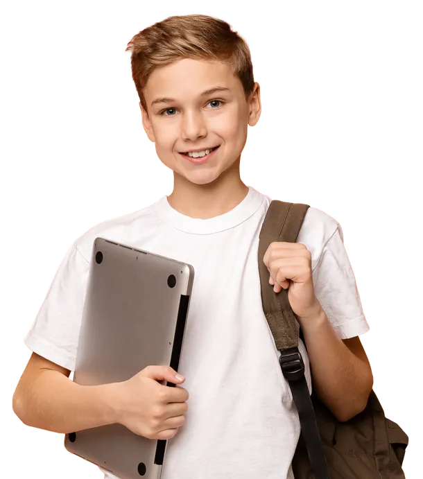 A smiling boy holding a laptop and wearing a backpack, symbolizing readiness and enthusiasm for learning and development.