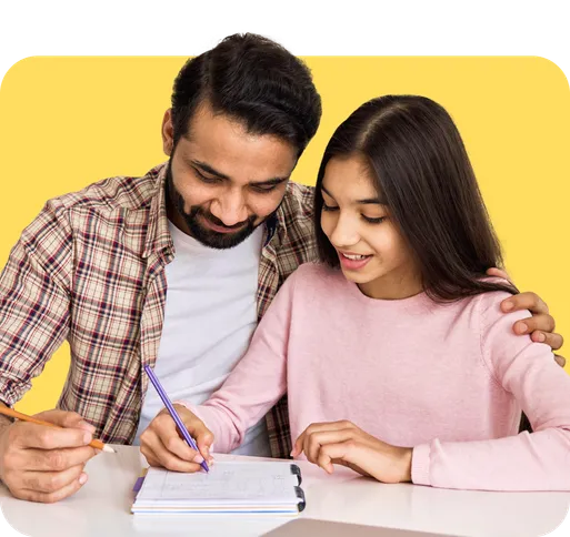 A smiling tutor and a teenage student working together on homework, representing an academic coaching session for kids and teens.