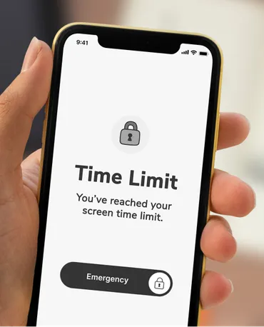 Mobile phone showing 'Screen time limit reached'. With a button to unlock if it's an emergency.